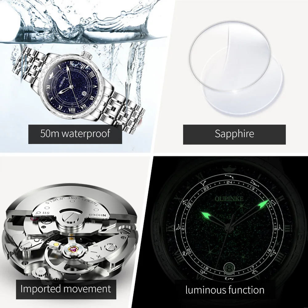 OUPINKE 3203 ساعة نسائية أصلية فاخرة ساعة ميكانيكية 50 متر مقاوم للماء عرض تقويم واحد ساعات للنساء صندوق هدايا