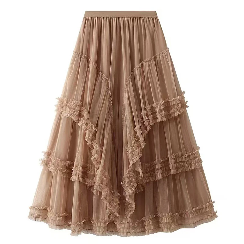

Gauze Ruffled Long Skirt for Women Faldas Mujer De Moda High Waist A-line Jupe Big Swing Summer Sweet Skirts