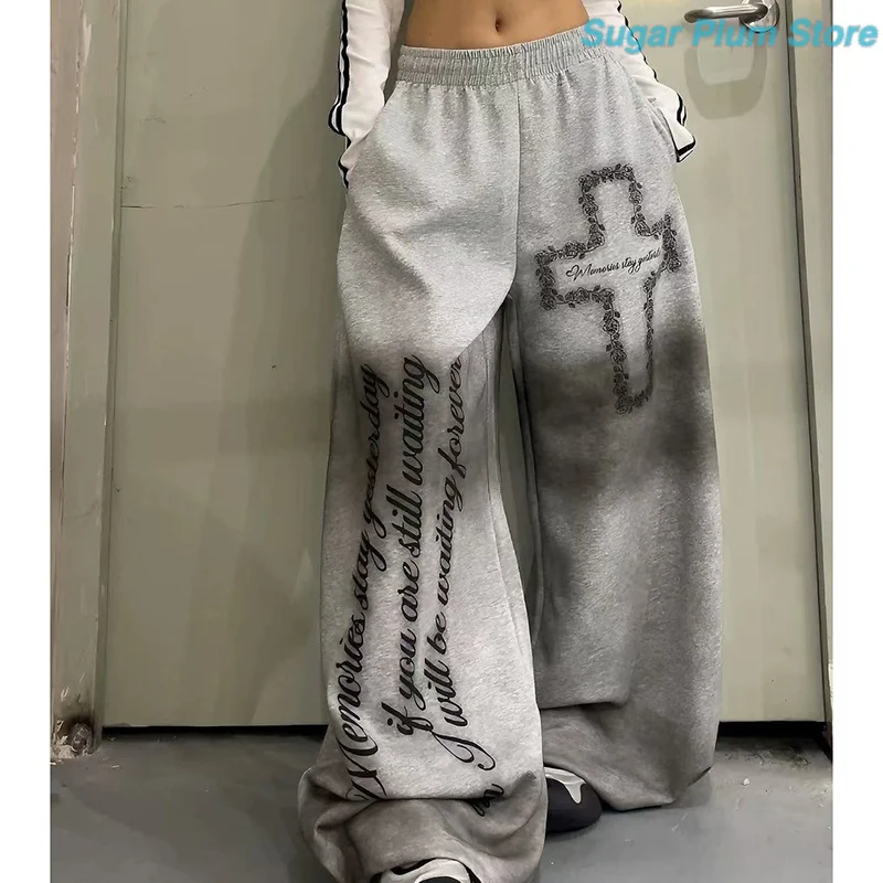 Street Trend Wind Autumn Women's New Loose Wide-leg Sweatpants English Printed Cross Pattern Elastic Waist Fashion Slim Pants