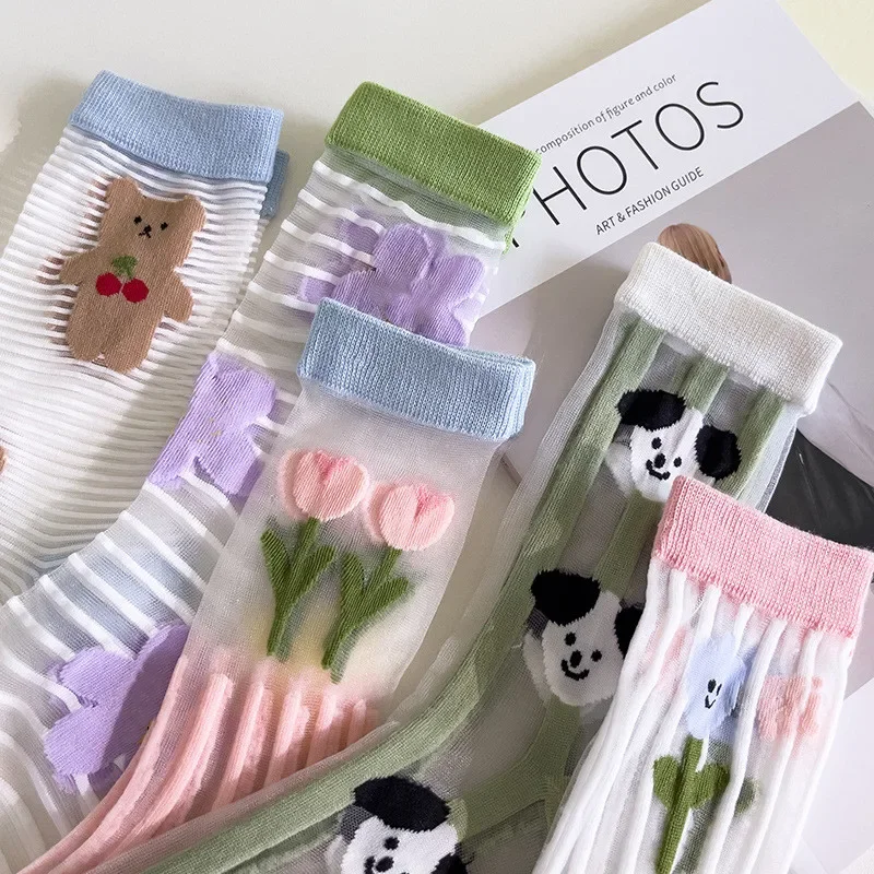 Japanese Cartoon Animals Girls Cute Socks Sexy Lace Mesh Nylon Long Socks Summer Ultra-thin Transparent Crystal Silk Socks Women