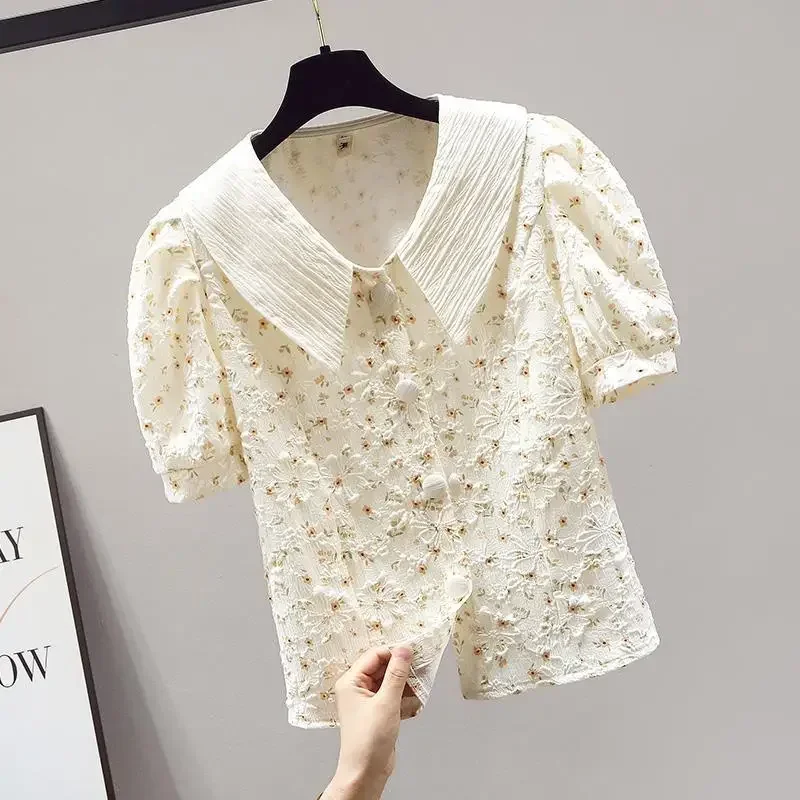 Floral Shirts Women Summer Embroidery Chic Designed Elegant Office Lady Leisure Short-sleeve Aesthetic Fashion De Mujer Camisas