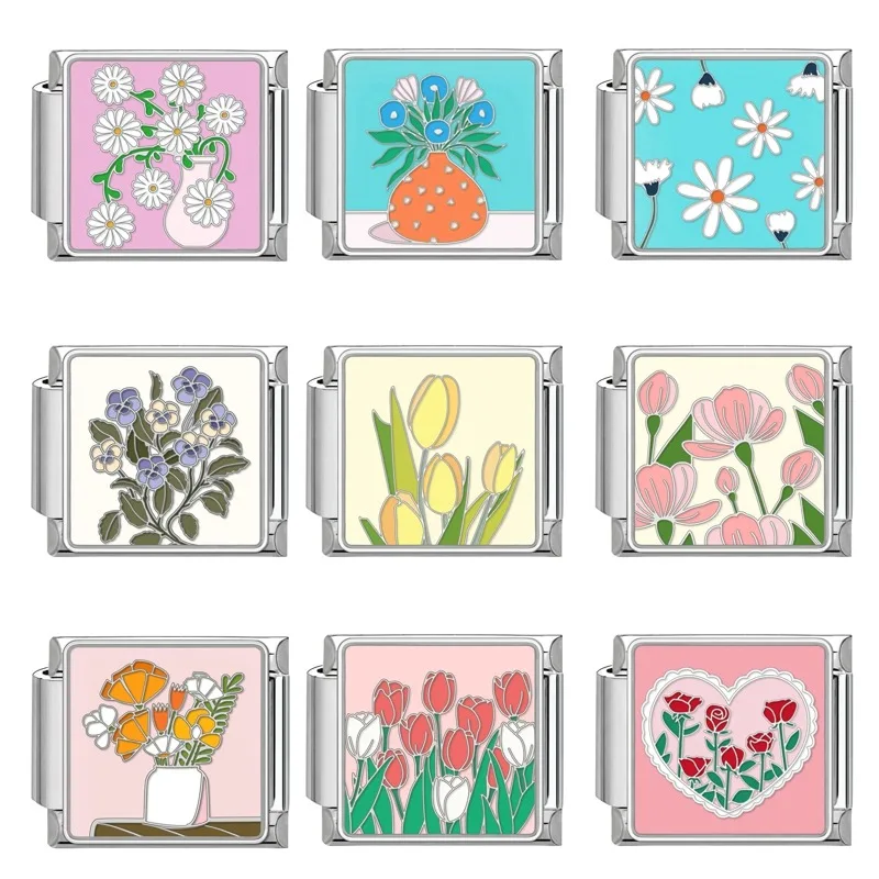 

1PC New Beauty Colorful Sunflower Tulip Daisy Rose Flowers Fit 9mm Italian Charm Links Bracelet Stainless Steel DIY Gifts