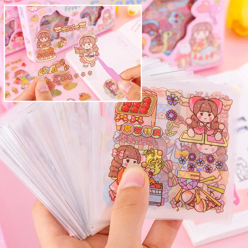 100PCS Hand Account Sticker Suit Gift Box Cute Cartoon Sticker Girl Hand Account Material Stationery PET Goo Card Sticker