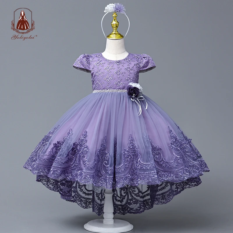 

Yoliyolei Trailing Elegant Girl Party Dress Embroidery Princess Tulle Dress For Kids Birthday Wedding Evening Ball Gowns