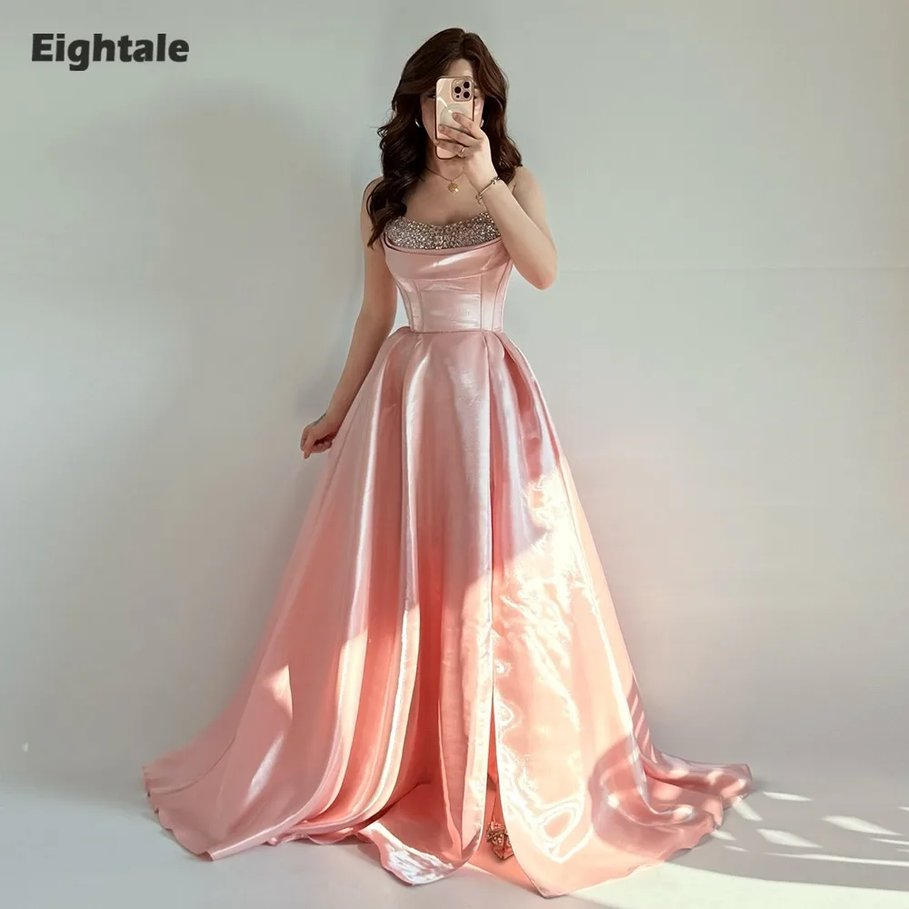 

Eightale Peach Evening Dress Strapless Beaded Sequined Customized Floor Length A-Line Satin Prom Wedding Party Gowns