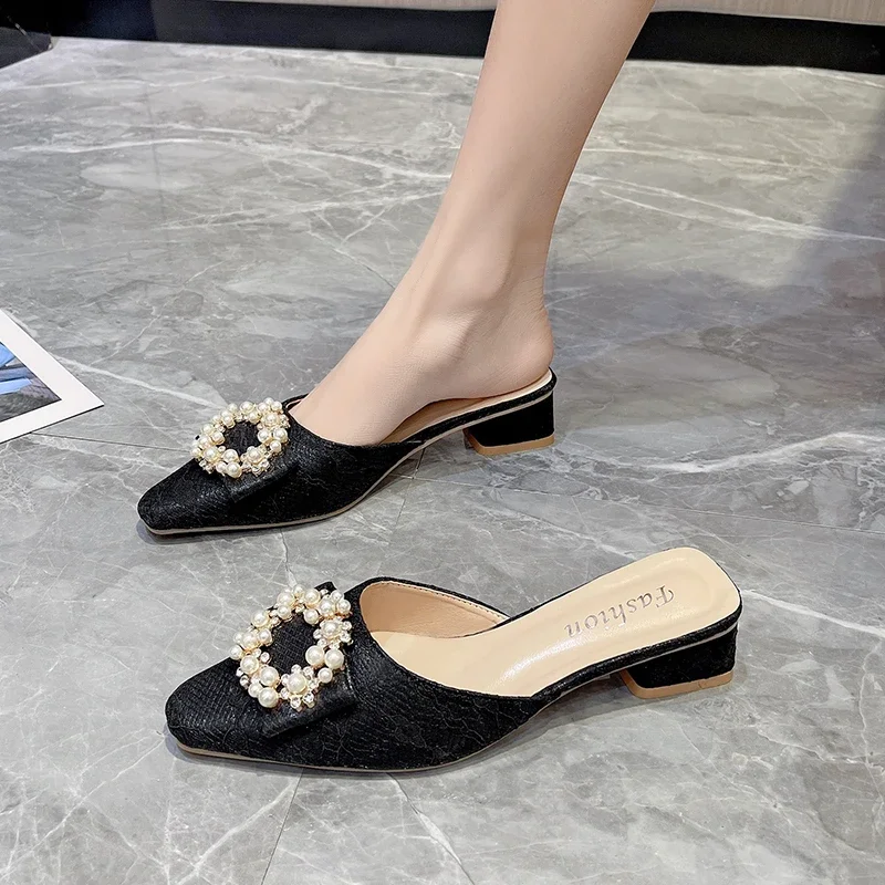 Summer Slippers Women\'s Fashion Beaded Mules Shoes 2024 New Comfortable Medium Heel Thick Heel Pointed Sandals Zapatos De Mujer