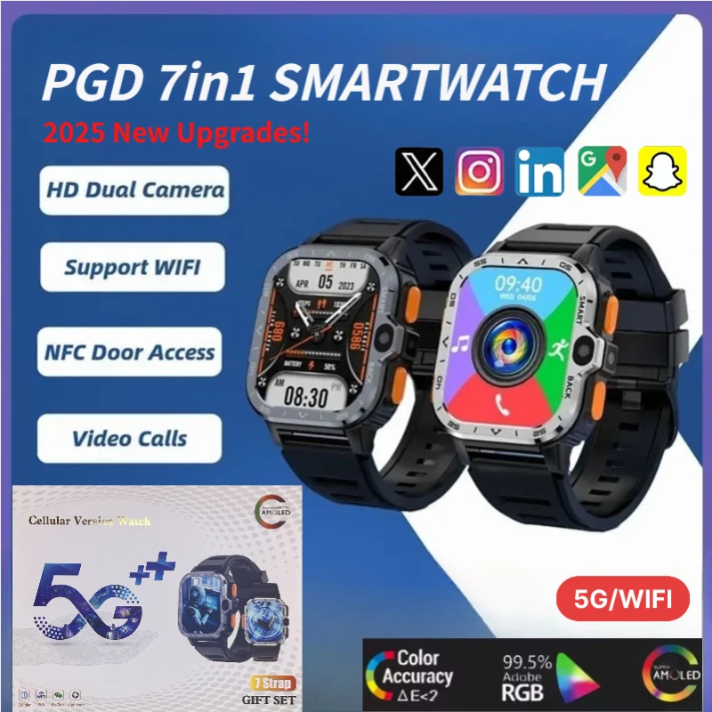 

5G PGD 7-in1Smart Watch Dual Camera 64GB 16GB Memory GPS WiFi IP67 Waterproof Telephone SIM Card Smartwatch Support Download APP