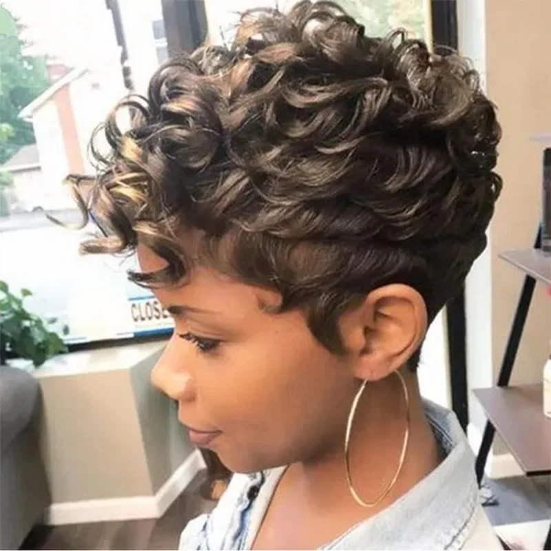 Short Afro Wig Short Curly Wave Wig Women Pixie Cut Brown Synthetic Heat Wig Cos