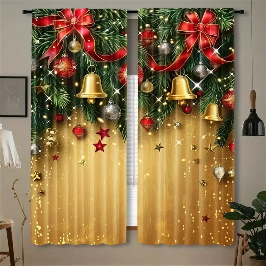 

2pcs Set Gold Small Bell Christmas Curtains-Digital Print,Rod Pocket Design,Polyester - Perfect For Living Room,Kitchen,Bedroom