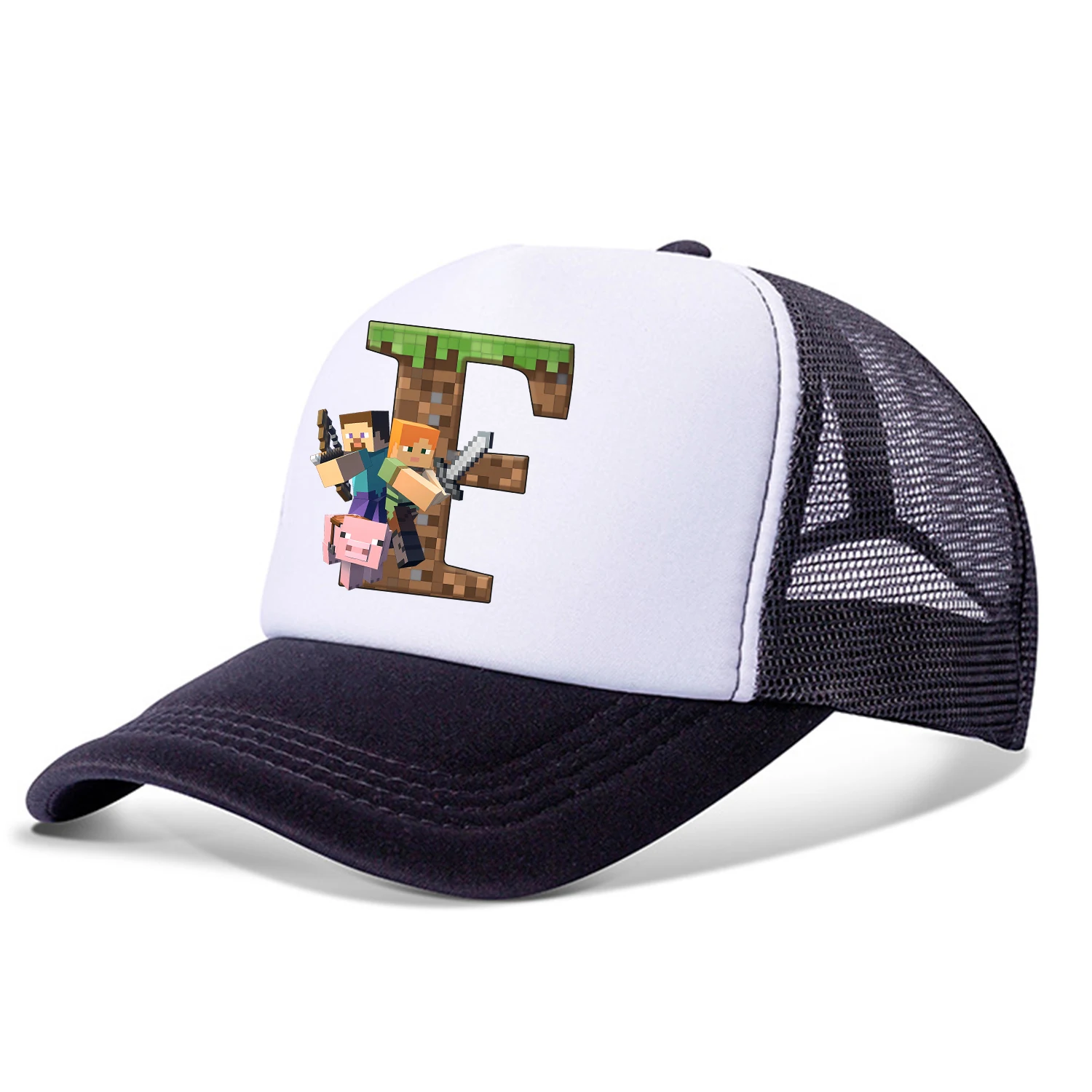 جديد بكسل لعبة بلغت ذروتها قبعة الكرتون A-Z رسالة قبعات البيسبول السوداء موضة الصيف تنفس قبعة من القماش الشبكي الوالدين والطفل القبعات Peacoat