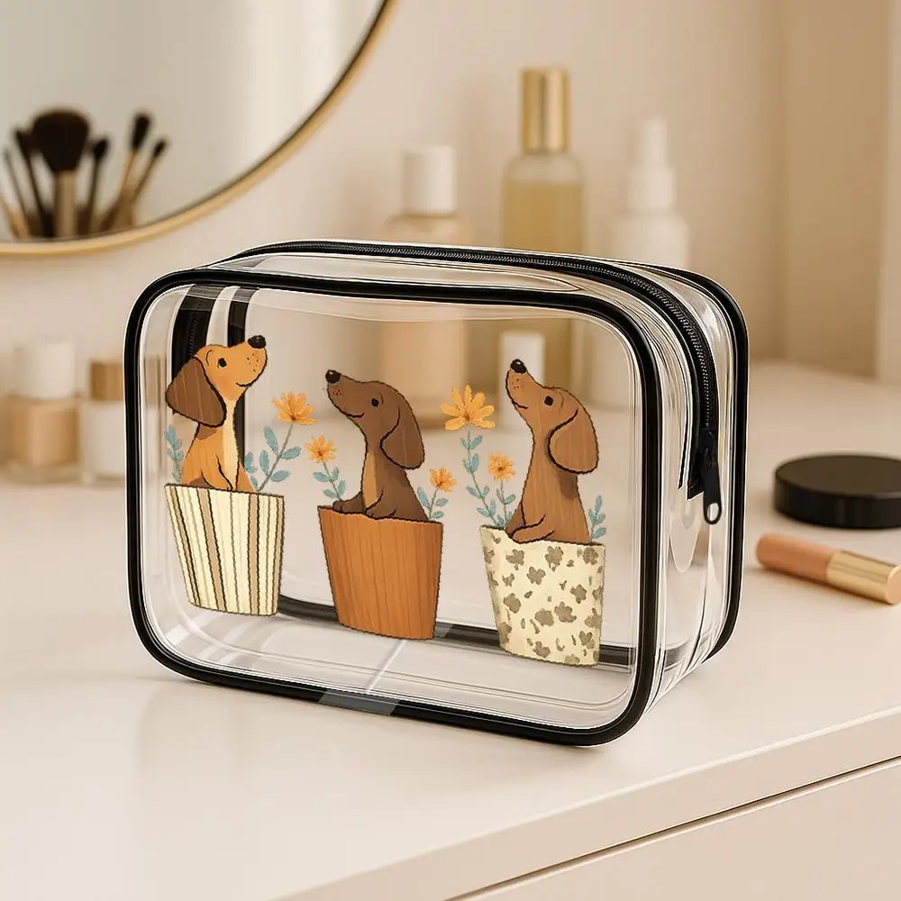 Toilet Bag Dachshund Dogs and Daisy Flowers Clear PVC Cosmetic Bag, Kawaii Cartoon Style Zippered Portable Toiletry Organizer
