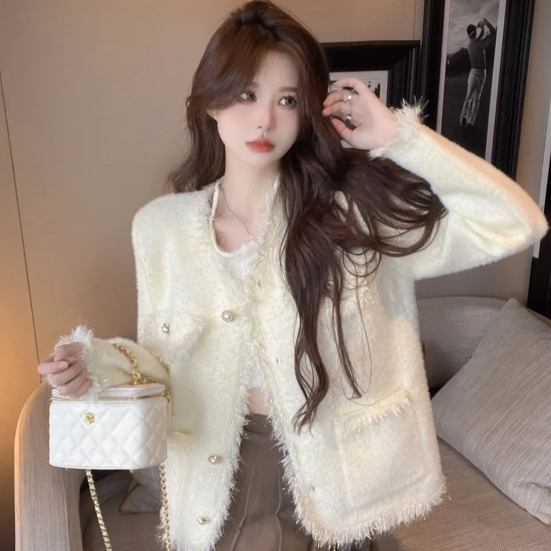 Girls French Style Party Elegant Mink Overcoat Women's Autumn Winter Pearl Cardigan Jackets Top Small Fragrance Tender Blouse