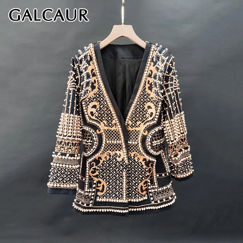 GALCAUR Hit Color Loose Spliced Pearl Blazer For Women V Neck Long Sleeve Patchwork Printing Fashion Coat Female Autumn Clothing