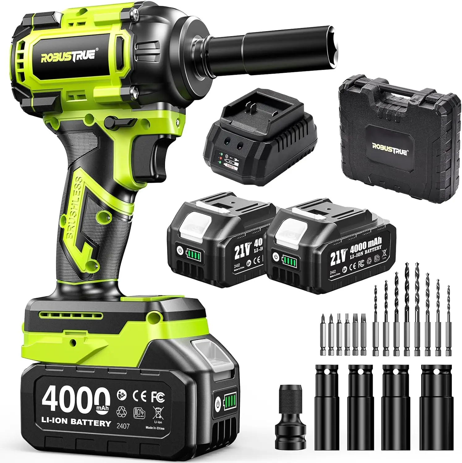

Cordless Impact Wrench 590Ft-lbs Brushless 1/2 inch High Torque with 2 Batteries Charger Sockets