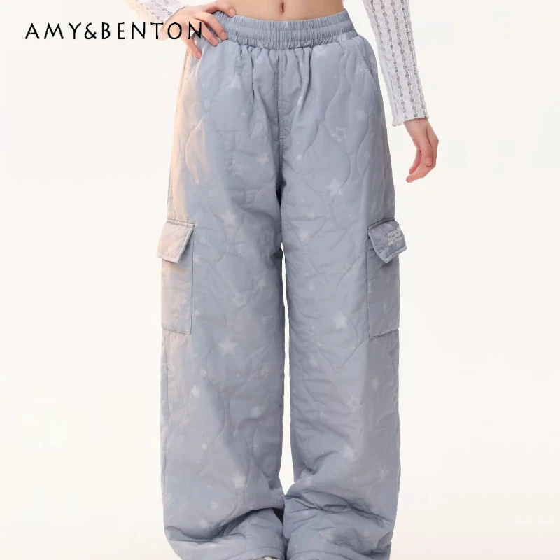 

American Retro Thickened Quilted Diamond Pattern Women's Cotton Pants Winter High Waist Star Print Casual Straight Trousers Girl