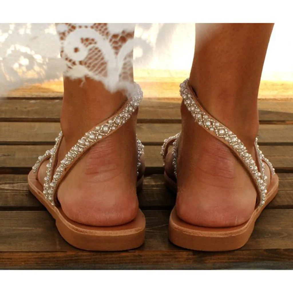 2024 Ladies Customized Summer New Flat Sandals Sweet Boho Pearl Decoration Sandals Leather Flats Women Beach Sand Holiday Shoes