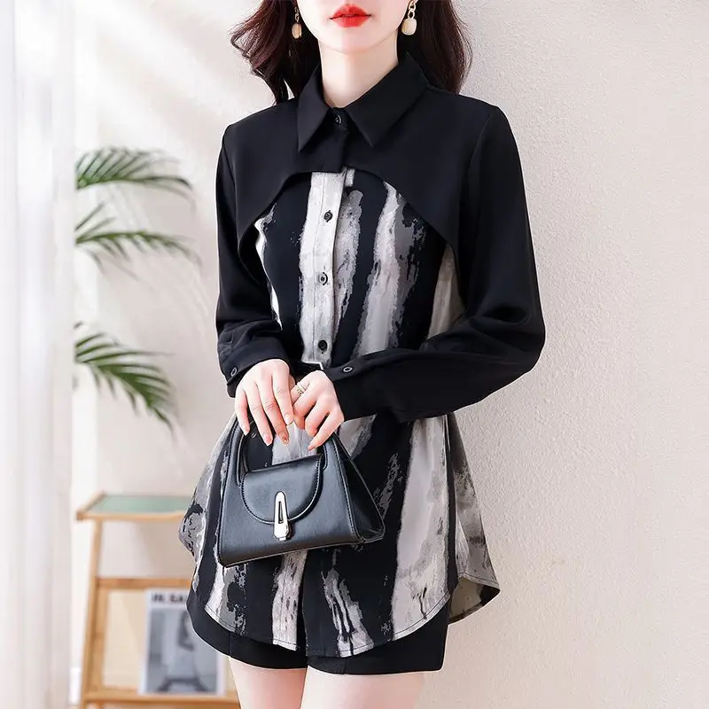 Immagine 7: Camicie lunghe polo patchwork vintage graziose da donna Primavera Estate Lady Chiffon Moda Camicetta nera 2025 Nuove magliette femminili