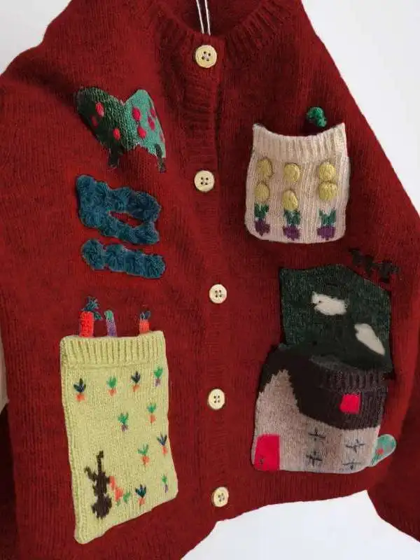 

Модный красный вязаный свитер-пальто для девочек, детская верхняя одежда, осенне-зимняя одежда для малышей с мультяшным рисунком