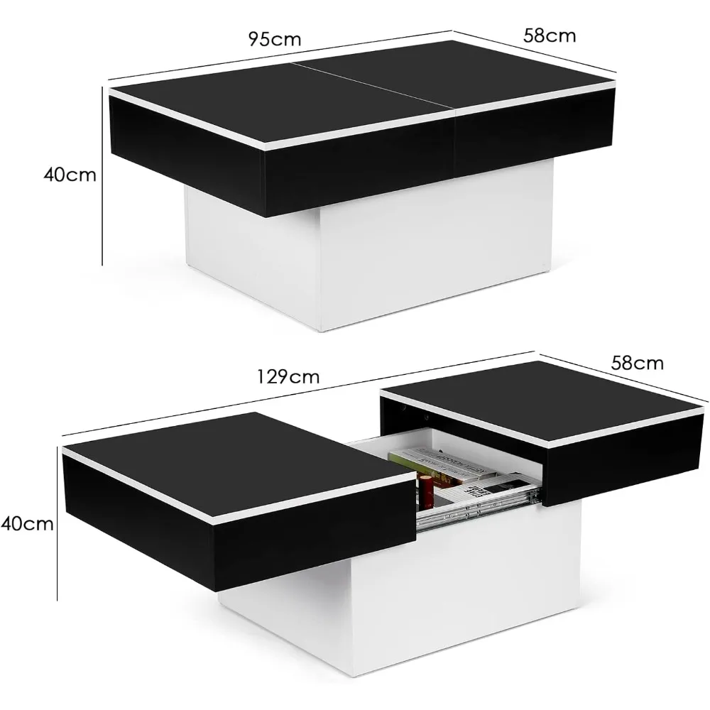 Modern Coffee Table, Extendable Center Table, Living Room Table with 2 Storage Spaces, High Gloss Finish,