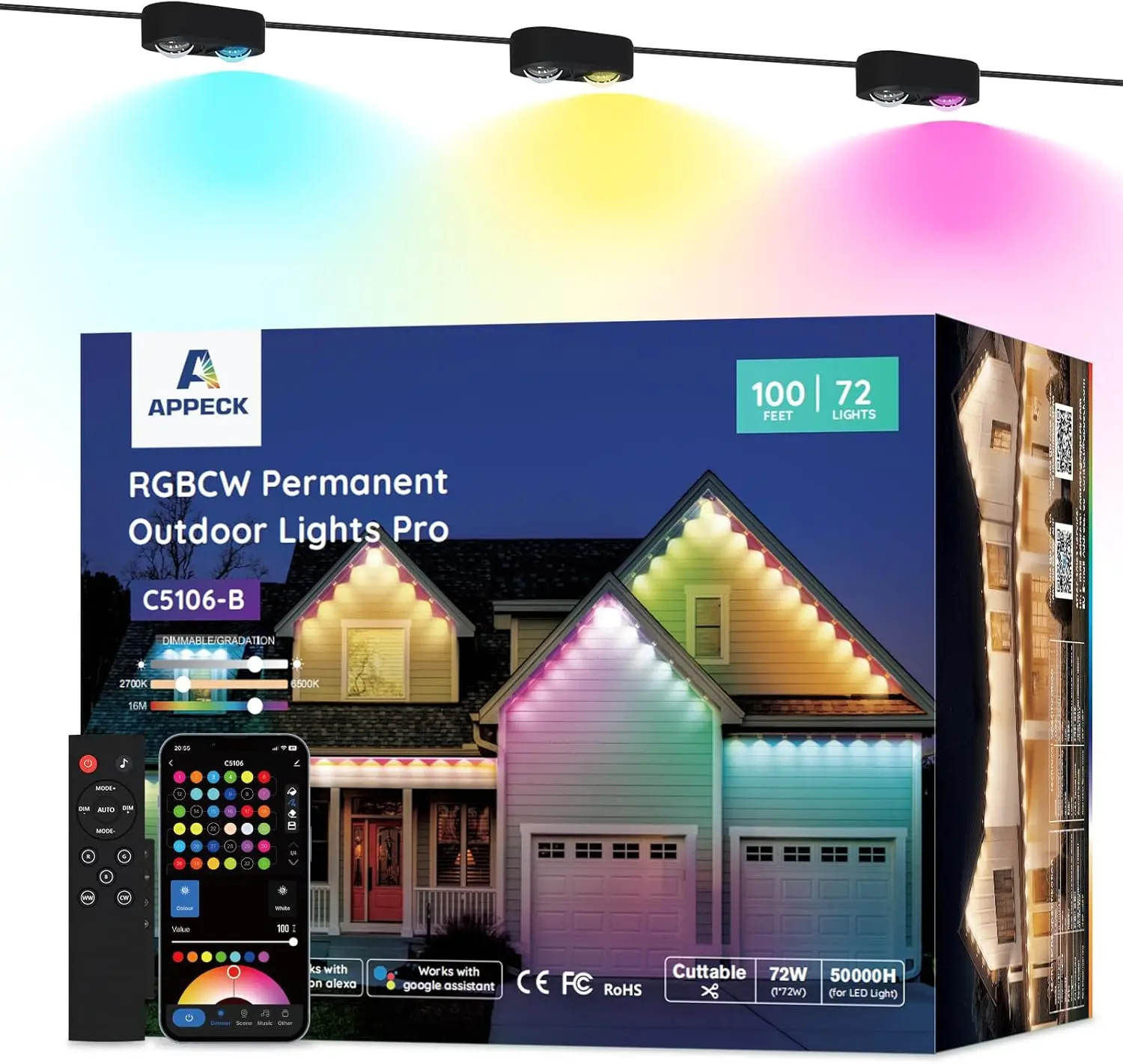 

Permanent Outdoor Lights Pro 100ft, 72W RGBCW Eaves Lights with 72 LED Lights, 80lm, Cuttable, 111 Scene Modes, IP67 Waterproof