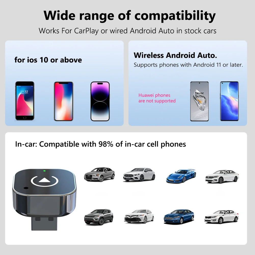 Dongle CarPlay filaire vers sans fil et Android Auto, Mini boîtier adaptateur intelligent filaire vers sans fil, connexion automatique, Dongle 2 en 1