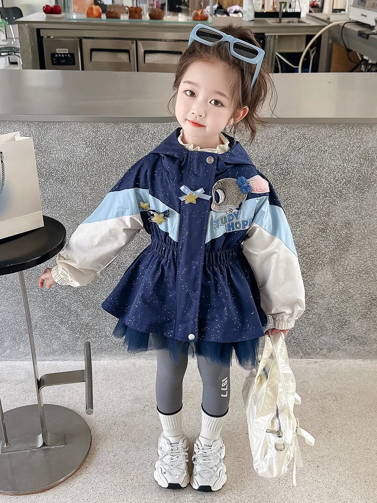 

Cute Rabbit Hooded Coats for Girls Autumn 2025 New Children's Windproof Warm Jacket Kids Long Sleeved Lace Waist Windbreaker
