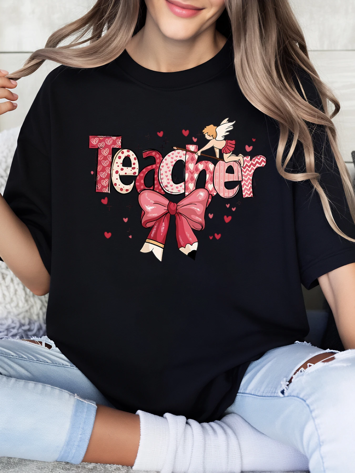 

Cupid Teacher Print Valentine's Day T-Shirt Women Casual Wear Black Plus-Size