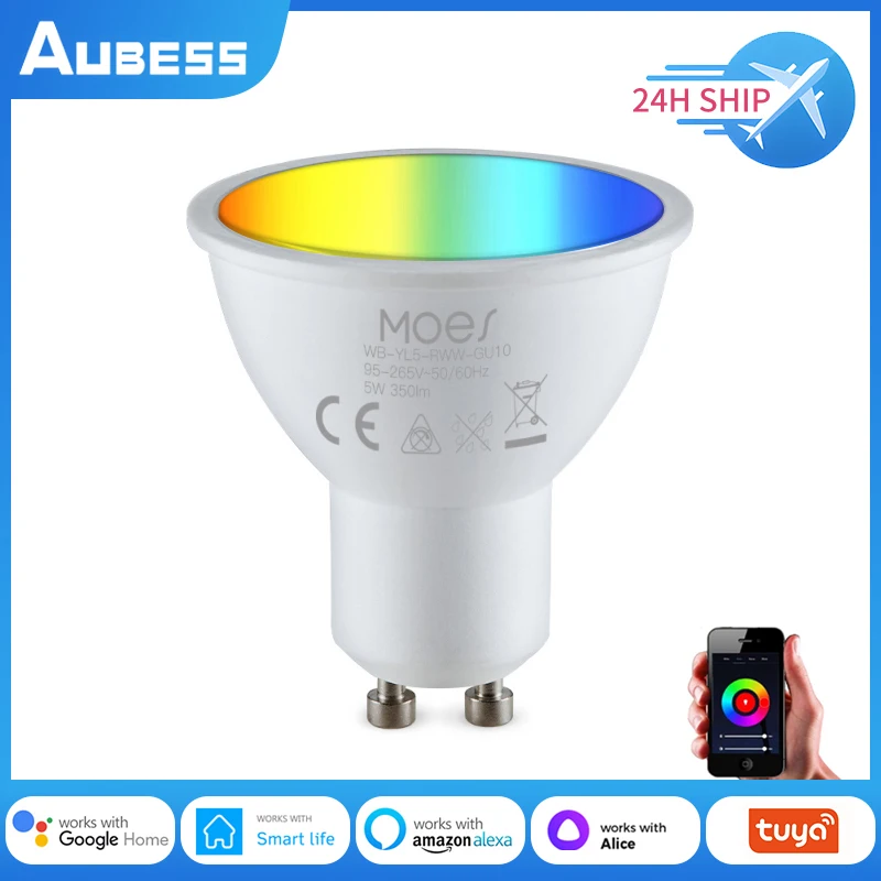 Moes GU10 WiFi Smart Light LED Bulbs 5W RGBCW Dimmable Lamps Tuya Smart Life APP Control Supports Alexa Google Home