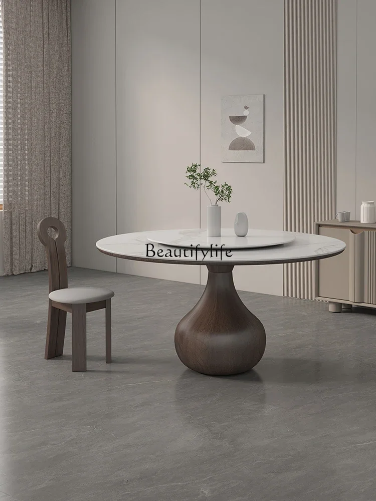 Log Cream Style round Household Walnut Color with Turntable Dining Table Stone Plate round Dining Table