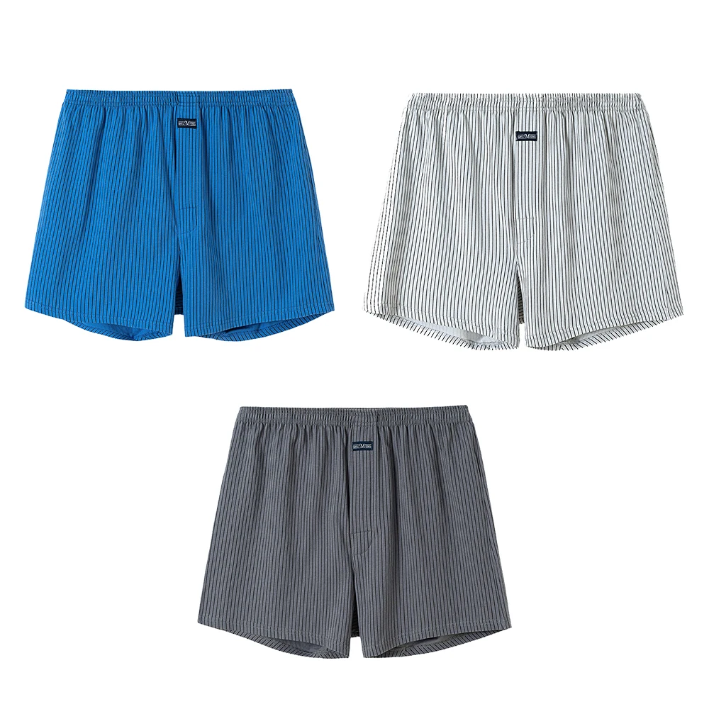 

Набор из 3 шт. Мягкие мужские трусы из 100% хлопка с полосатым принтом, дышащие, со скрытой застежкой, свободные, цельные, для спортзала