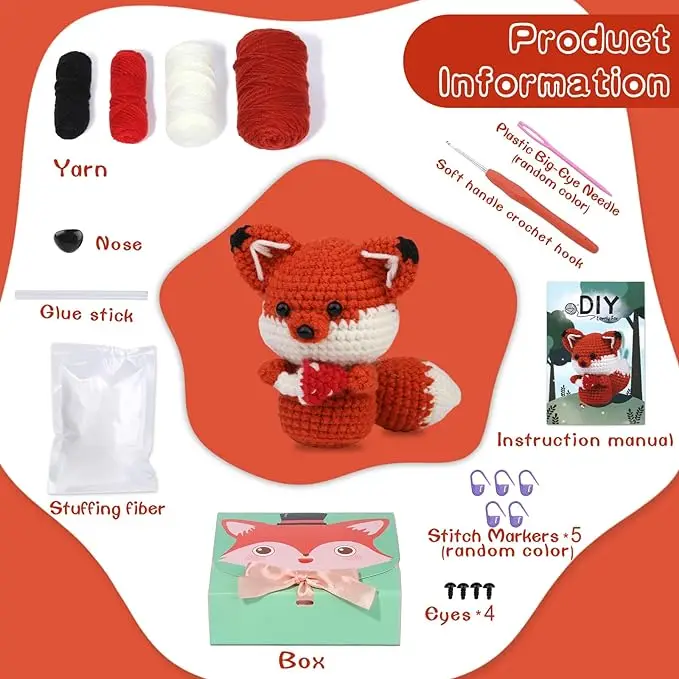 MIUSIE Fox Crocheting Starter Kits with Crochet Hooks Yarn Polyester Fiber Step-by-Step Video Tutorials Knitting Kit for Adults