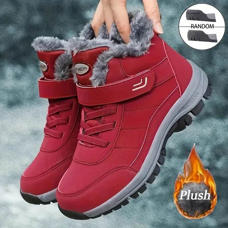 Damen-Knöchel-Winterstiefel aus PU, wasserabweisend, mit Plüschfutter, Klettverschluss, rutschfeste flache Sohle, warme Outdoor-Freizeitstiefel. – Detail 1