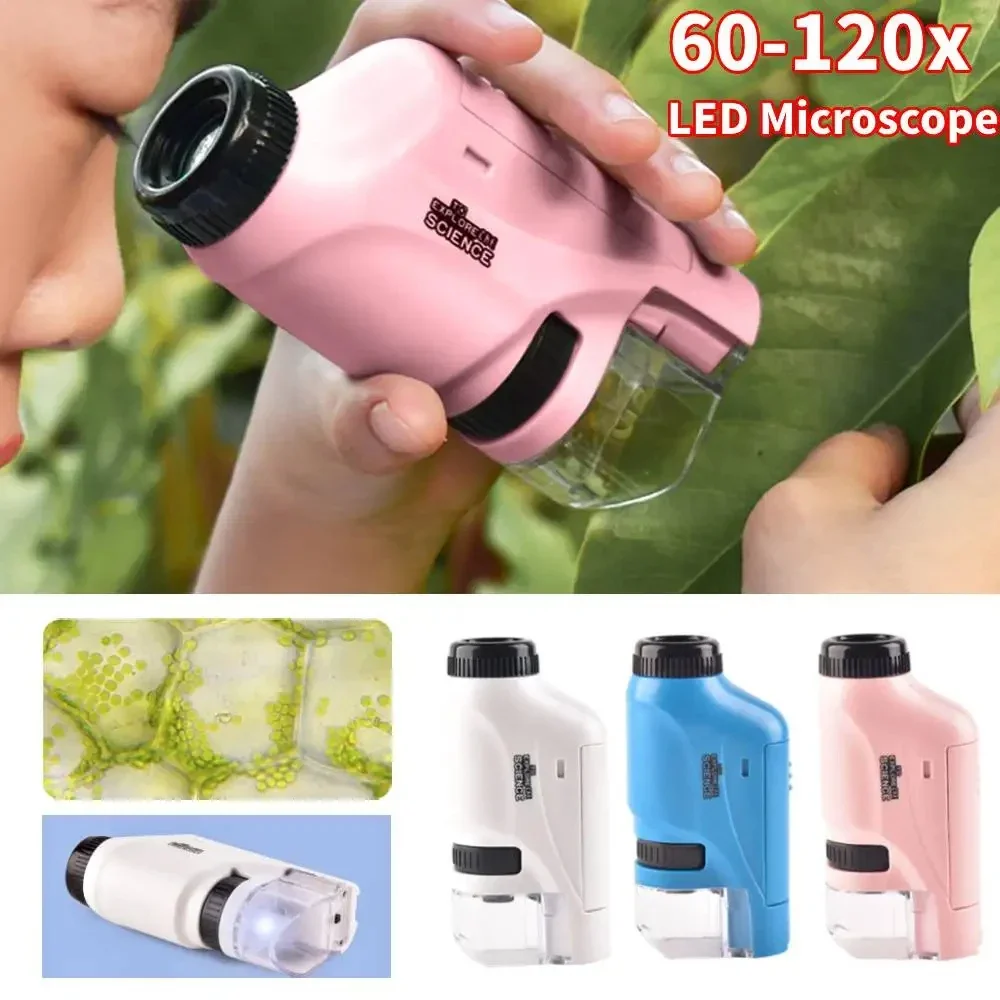 Handheld Pocket Convenient Microscope 60X-120X Lab Mini Microscope Battery Powered Outdoor Observation Toy with LED Light Gift