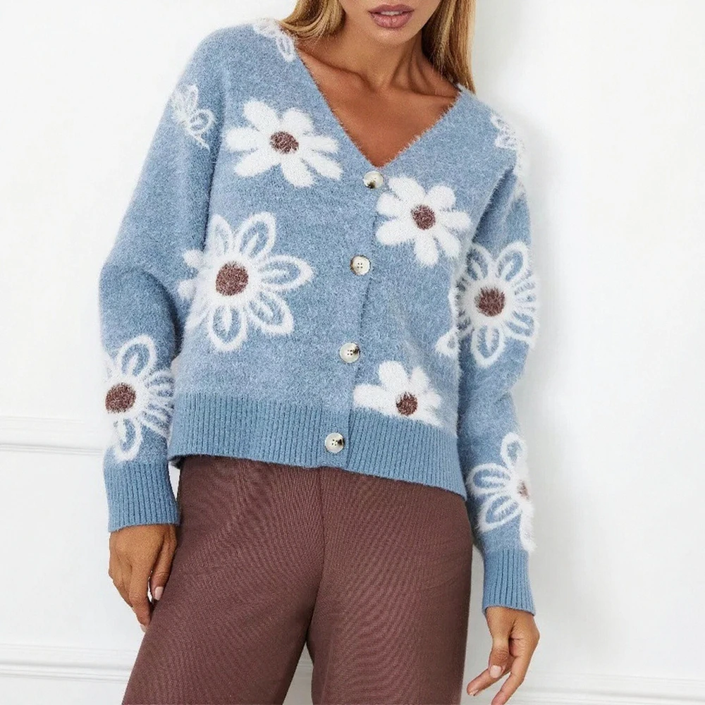 

Женское зимнее модное пальто с цветочным принтом, удобное повседневное пальто с длинным рукавом и v-образным вырезом на пуговицах спереди