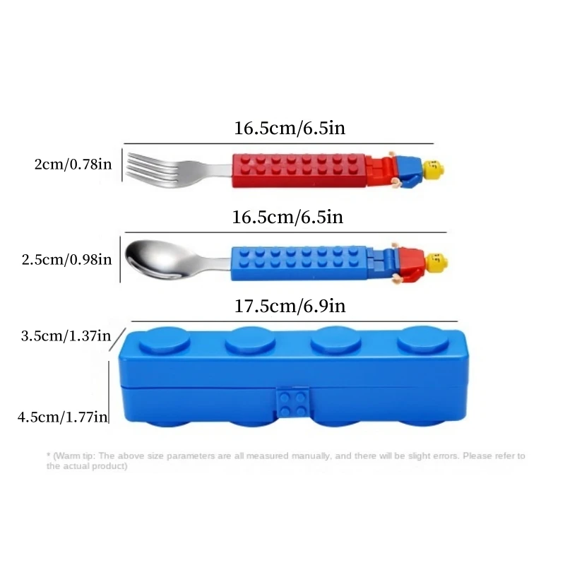 304 inossidabile Building Block forchetta cucchiaio Set giocattoli per bambini stoviglie in acciaio per cartoni animati stoccaggio portatile Puzzle giocattoli