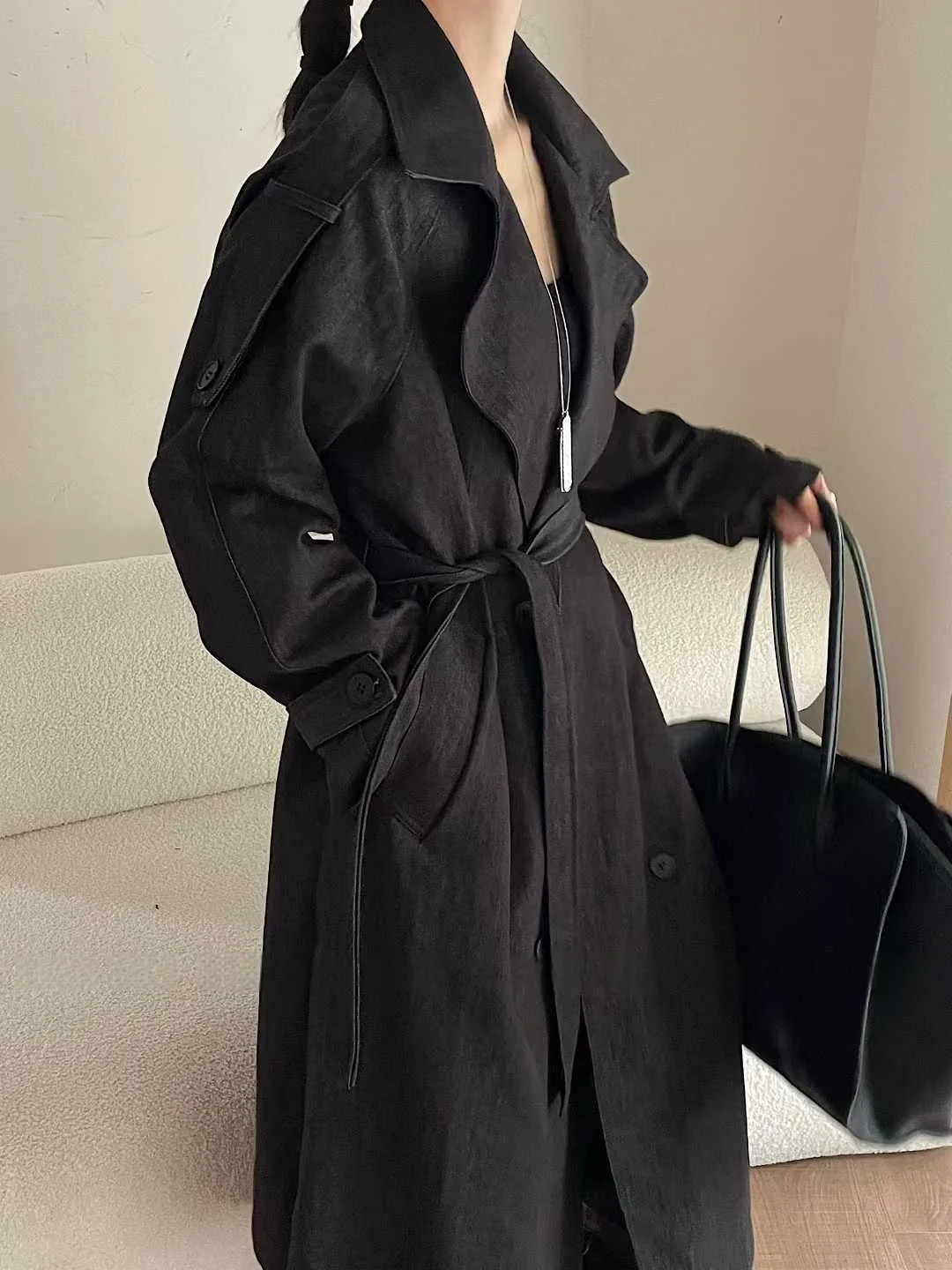 BJTZ Temperament Office Lady Trench Jacket For Woman 2025 Spring Autumn New Trendy High Quality Women's Tie-waist Long Outwear
