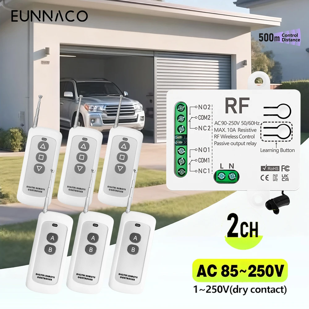 RF433Mhz Wireless Remote Control Light Switch AC110V 220V 2 Channels Relay Receiver and Transmitter for Motor Garage Gate Door