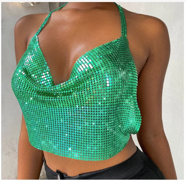 Sexy green Bling Bling Sparkly Metal Rhinestones Crop Top Women Ladies Fashion Tank Camis Backless Halter Party Crop Tops