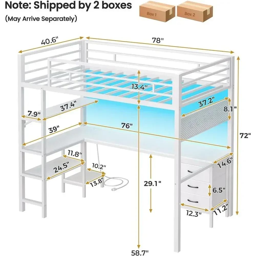 Twin Size Metal Bed with L-Shaped Desk, LED Lights, Charging Station, Fabric Drawers & Shelves, 13.4 Safety Guard, No Box Spring
