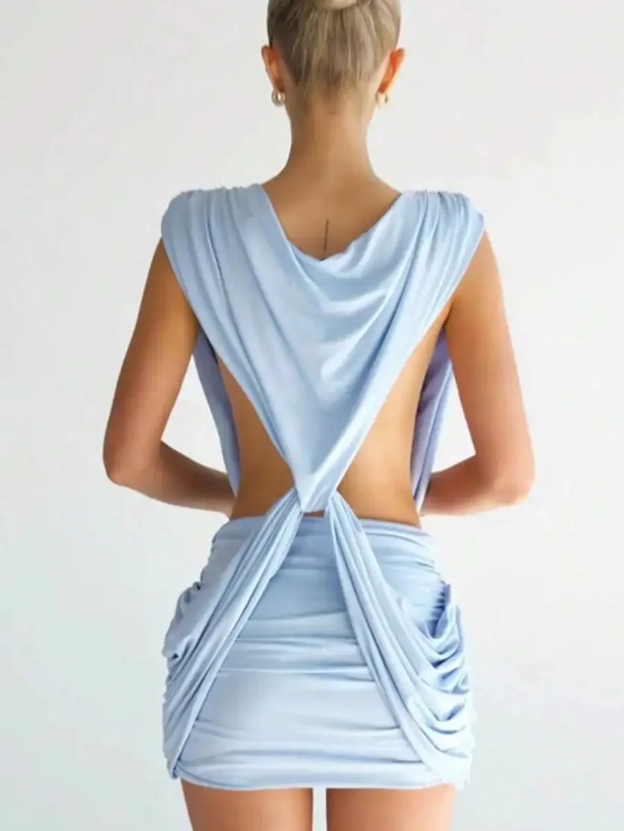 Sleeveless Cross Knotted Pleated Mini Dress