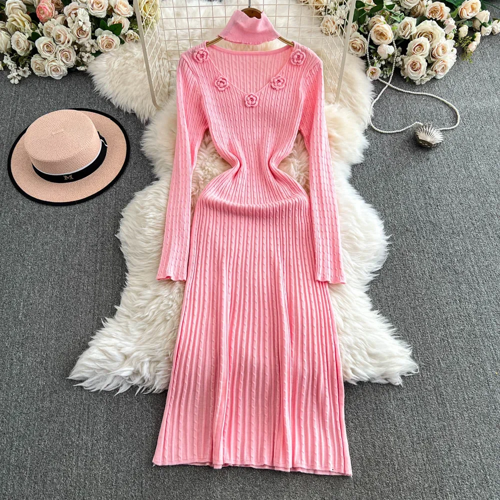 Elegant V-neck Vintage Long Sleeves Chic 3D Flower Slim Knitted Dresses French Evening Women High Street Autumn Winter Clothing