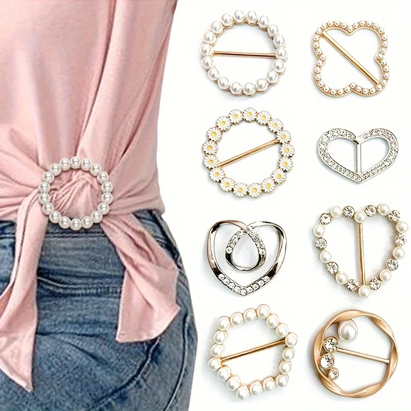 New 8/1PC Corner Hem Waist Knotted Brooches Crystal Pearl Metal Hijab Scarf Ring Button Shirt T-shirt Fixed Buckle Accessories