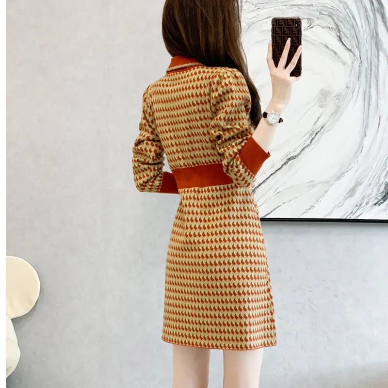 #1021 Autumn Winter Short Sweater Dress Women Polo Neck Sexy Vintage Mini Dress Long Sleeve Office Knitted A-line Dress Female