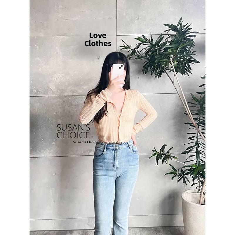 

Susan Faion Knitted ort Svel Hollow out Long Sve round Ne ort Cardigan Sweet Sle Color Women's Top