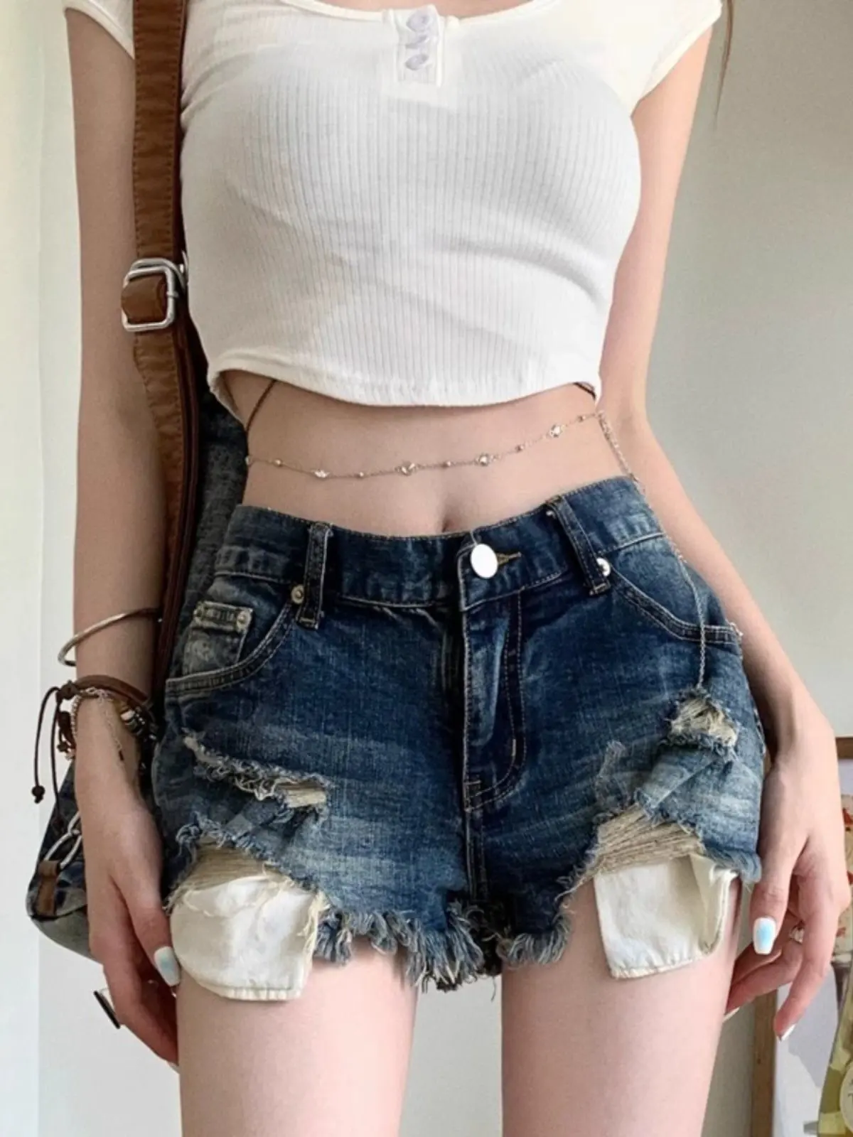 

Женские синие джинсовые шорты с высокой талией, джинсовые шорты для ночного клуба, ковбойские шорты 2000-х годов Y2k Gyaru, популярные рваные брюки, шорты, летние