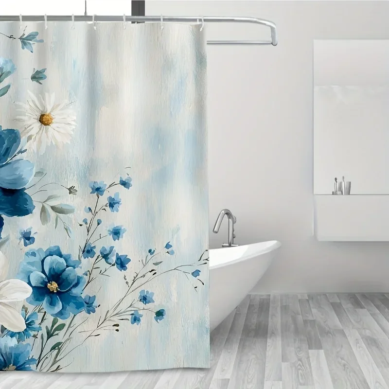 ~O~1pc Blue & White Floral Shower Curtain - 71x71 Inch, Polyester, 12 Hooks, Hand Wash, Elegant Summer Bathroom Decor