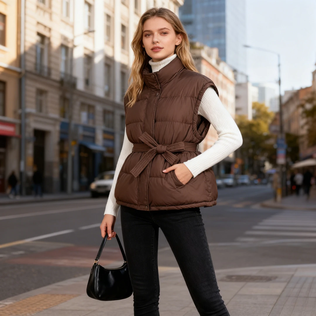 سترة دون أكمام المرأة سترات الوقوف طوق سترة مغطاة زر سترة حزام فضفاض تقسم ملابس خارجية جيوب شتاء خريف 2025