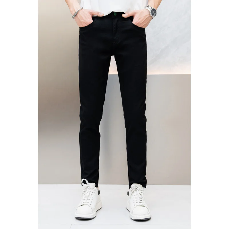 Pure black fashion business all-match jeans men's Stretch Slim fit summer thin and soft breathable skinny pants