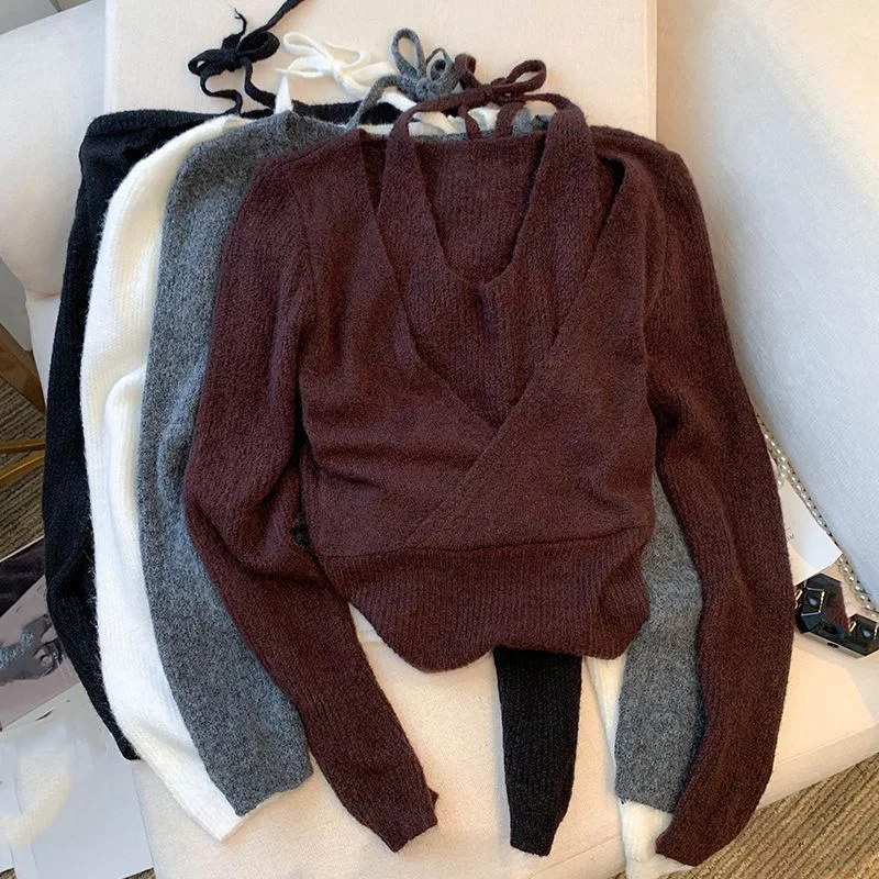 

Fake 2 Piece Halter Tops Women Clothing Slim Fit Sexy Chic Top Long Sleeve Sweater Knitted Pullover 2025 Early Autumn New Korean