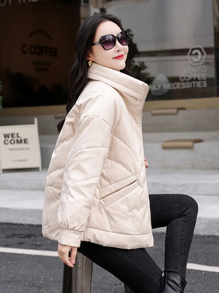 New Women Winter Red Leather Down Jacket Fashion Casual Stand Collar Loose Sheepskin Down Coat Split Leather Warm Outerwear